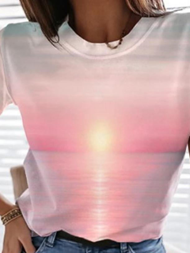 Ocean Landscape Print Crew Neck T-Shirt - T-Shirts - INS | Online Fashion Free Shipping Clothing, Dresses, Tops, Shoes - 10-20 - 19/06/2021 - color-pink