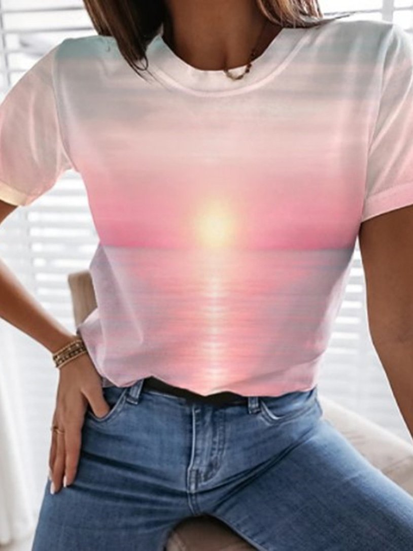 Ocean Landscape Print Crew Neck T-Shirt - T-Shirts - INS | Online Fashion Free Shipping Clothing, Dresses, Tops, Shoes - 10-20 - 19/06/2021 - color-pink