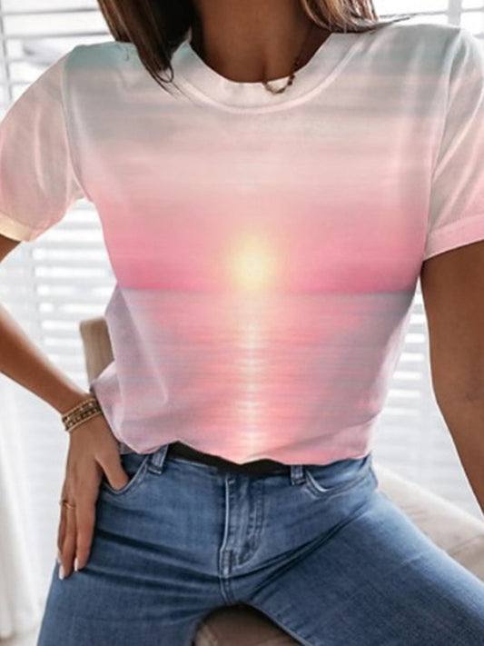 Ocean Landscape Print Crew Neck T-Shirt - T-Shirts - INS | Online Fashion Free Shipping Clothing, Dresses, Tops, Shoes - 10-20 - 19/06/2021 - color-pink