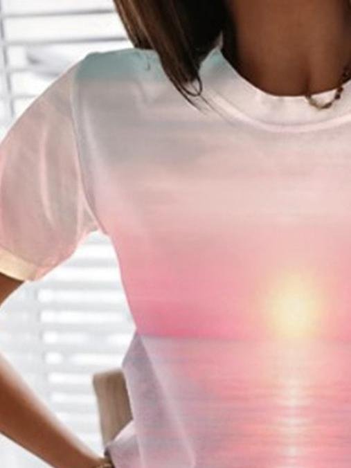 Ocean Landscape Print Crew Neck T-Shirt - T-Shirts - INS | Online Fashion Free Shipping Clothing, Dresses, Tops, Shoes - 10-20 - 19/06/2021 - color-pink