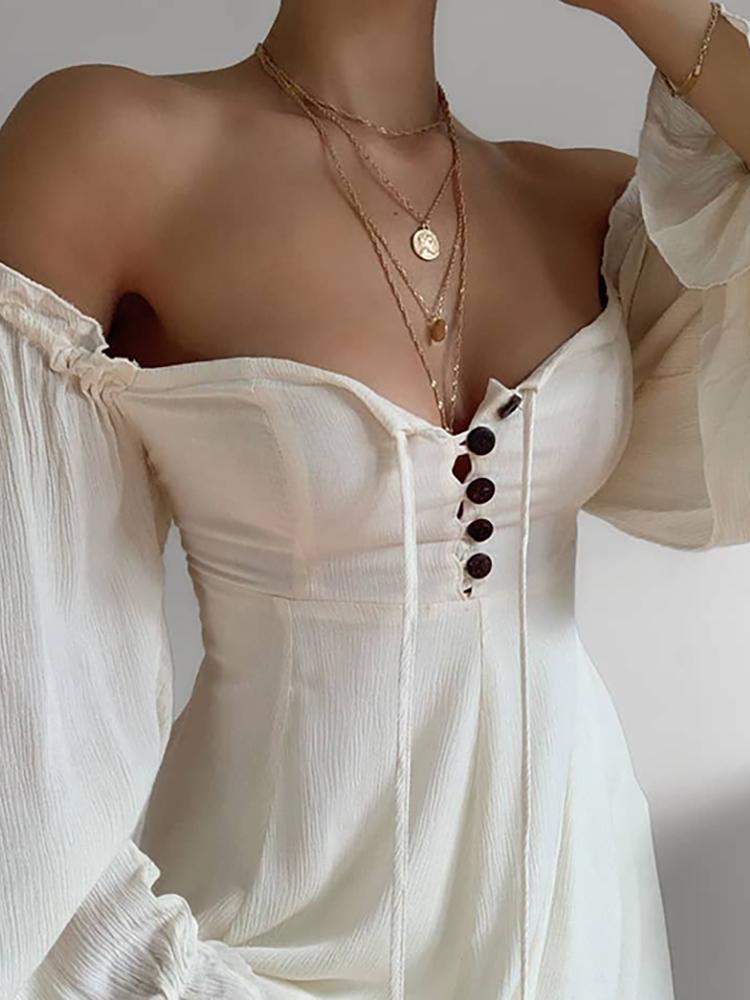 Off Shoulder Button Design Lantern Sleeve Dress - Mini Dresses - INS | Online Fashion Free Shipping Clothing, Dresses, Tops, Shoes - 30/04/2021 - Category_Mini Dresses - Color_Beige