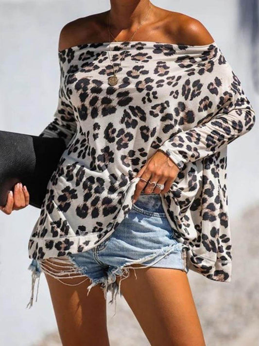 Off Shoulder Cheetah Print Long Sleeve Top - Blouses - INS | Online Fashion Free Shipping Clothing, Dresses, Tops, Shoes - 30/04/2021 - BLO210430029 - Blouses