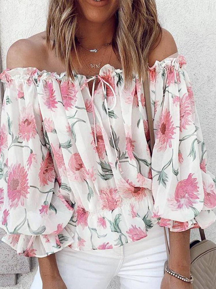 Off Shoulder Floral Print Lantern Sleeve Top - Blouses - INS | Online Fashion Free Shipping Clothing, Dresses, Tops, Shoes - 28/04/2021 - BLO210428051 - Blouses