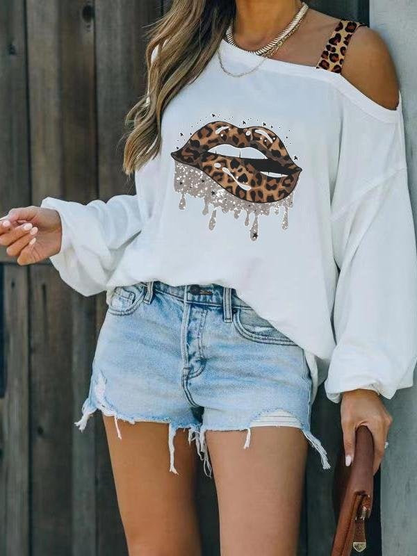 Off Shoulder Leopard Lips Print Long Sleeve Loose T-shirt - T-shirts - INS | Online Fashion Free Shipping Clothing, Dresses, Tops, Shoes - 10-20 - 12/07/2021 - color-white