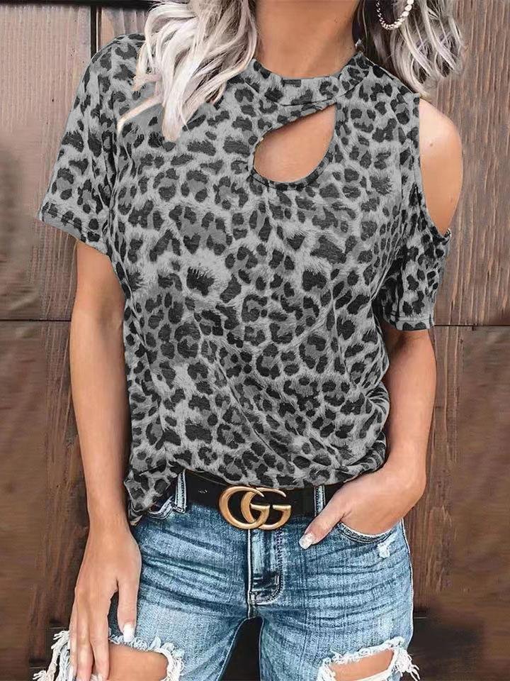 Off-Shoulder Leopard Print Hollow Short Sleeve T-Shirt - T-Shirts - INS | Online Fashion Free Shipping Clothing, Dresses, Tops, Shoes - 10-20 - 12/07/2021 - Category_T-Shirts