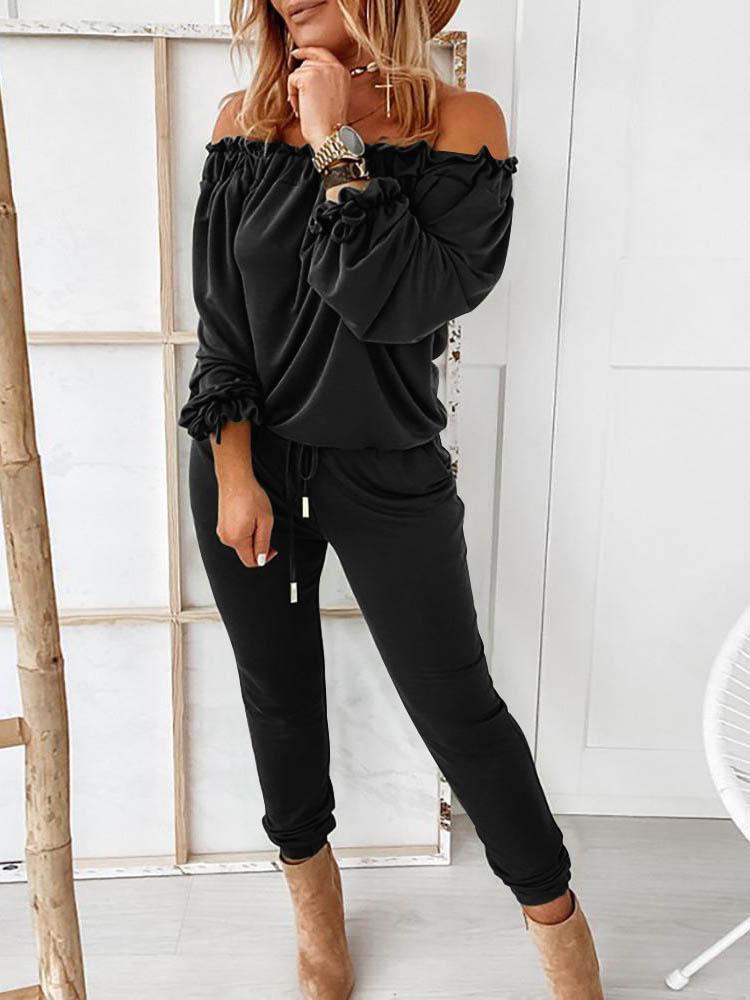 Off Shoulder Long Sleeve Drawstring Frill Hem Jumpsuit - Jumpsuits & Rompers - INS | Online Fashion Free Shipping Clothing, Dresses, Tops, Shoes - 29/04/2021 - Color_ Army Green - Color_Black