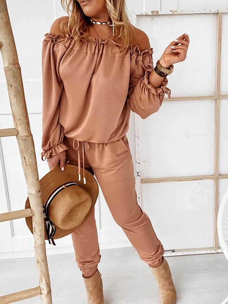 Off Shoulder Long Sleeve Drawstring Frill Hem Jumpsuit - Jumpsuits & Rompers - INS | Online Fashion Free Shipping Clothing, Dresses, Tops, Shoes - 29/04/2021 - Color_ Army Green - Color_Black