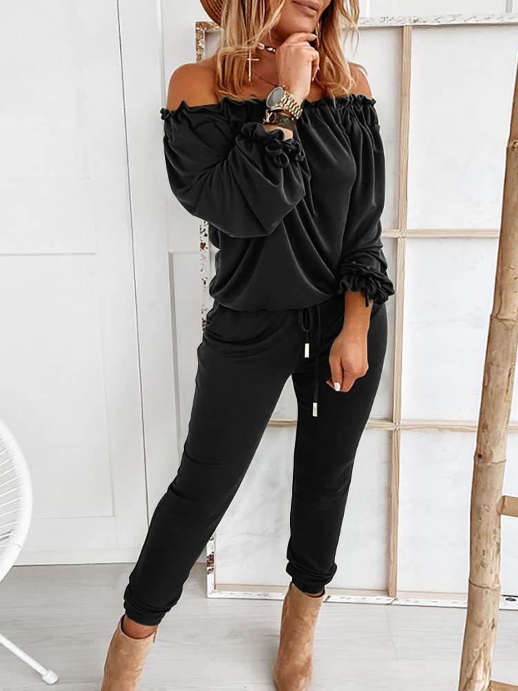 Off Shoulder Long Sleeve Drawstring Frill Hem Jumpsuit - Jumpsuits & Rompers - INS | Online Fashion Free Shipping Clothing, Dresses, Tops, Shoes - 29/04/2021 - Color_ Army Green - Color_Black