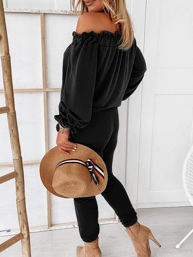 Off Shoulder Long Sleeve Drawstring Frill Hem Jumpsuit - Jumpsuits & Rompers - INS | Online Fashion Free Shipping Clothing, Dresses, Tops, Shoes - 29/04/2021 - Color_ Army Green - Color_Black