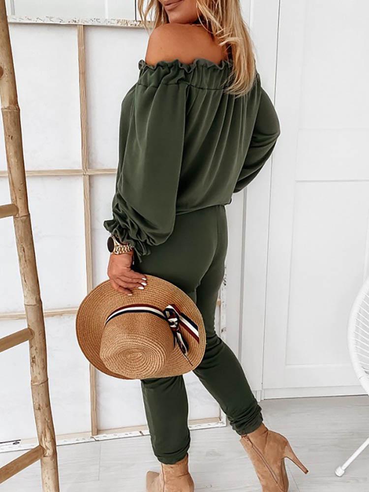 Off Shoulder Long Sleeve Drawstring Frill Hem Jumpsuit - Jumpsuits & Rompers - INS | Online Fashion Free Shipping Clothing, Dresses, Tops, Shoes - 29/04/2021 - Color_ Army Green - Color_Black