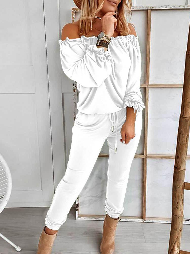 Off Shoulder Long Sleeve Drawstring Frill Hem Jumpsuit - Jumpsuits & Rompers - INS | Online Fashion Free Shipping Clothing, Dresses, Tops, Shoes - 29/04/2021 - Color_ Army Green - Color_Black