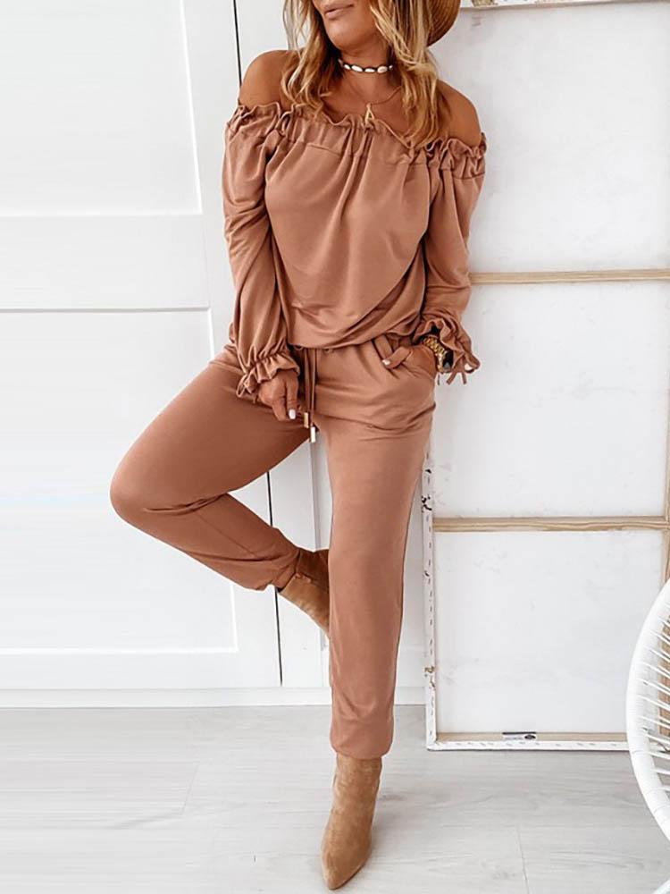 Off Shoulder Long Sleeve Drawstring Frill Hem Jumpsuit - Jumpsuits & Rompers - INS | Online Fashion Free Shipping Clothing, Dresses, Tops, Shoes - 29/04/2021 - Color_ Army Green - Color_Black