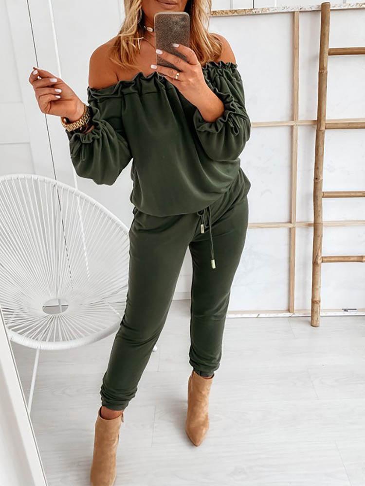 Off Shoulder Long Sleeve Drawstring Frill Hem Jumpsuit - Jumpsuits & Rompers - INS | Online Fashion Free Shipping Clothing, Dresses, Tops, Shoes - 29/04/2021 - Color_ Army Green - Color_Black