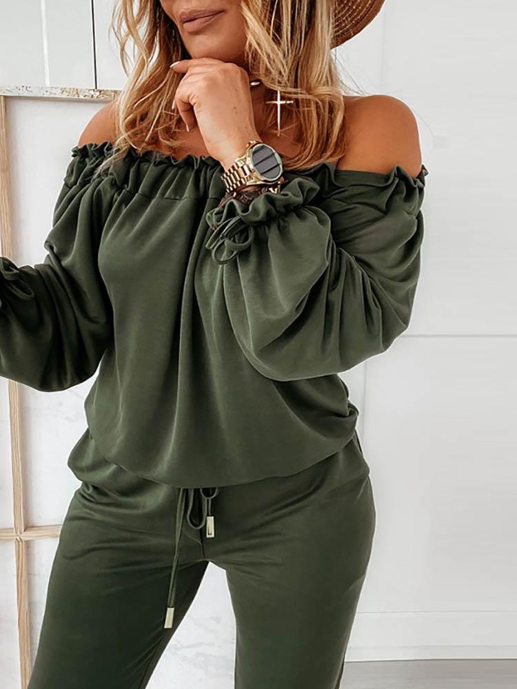 Off Shoulder Long Sleeve Drawstring Frill Hem Jumpsuit - Jumpsuits & Rompers - INS | Online Fashion Free Shipping Clothing, Dresses, Tops, Shoes - 29/04/2021 - Color_ Army Green - Color_Black