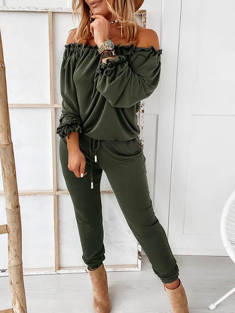 Off Shoulder Long Sleeve Drawstring Frill Hem Jumpsuit - Jumpsuits & Rompers - INS | Online Fashion Free Shipping Clothing, Dresses, Tops, Shoes - 29/04/2021 - Color_ Army Green - Color_Black