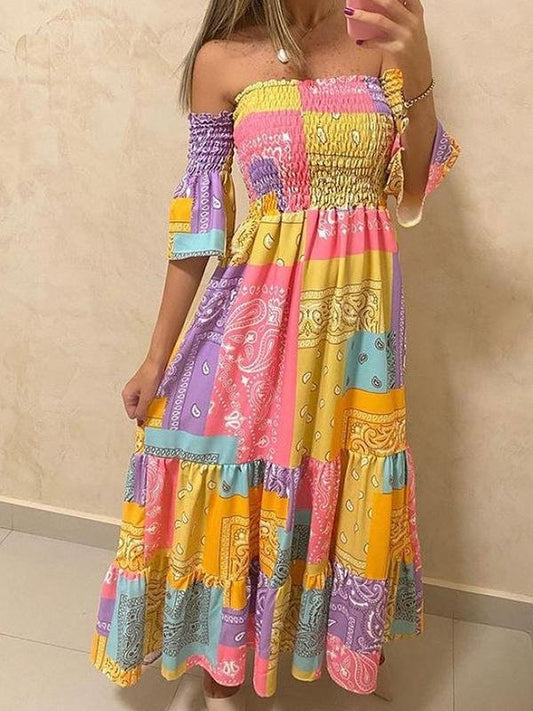 Off-shoulder Multicolor Printed Dress - Maxi Dresses - INS | Online Fashion Free Shipping Clothing, Dresses, Tops, Shoes - 15/06/2021 - Color_Orange - Color_Yellow