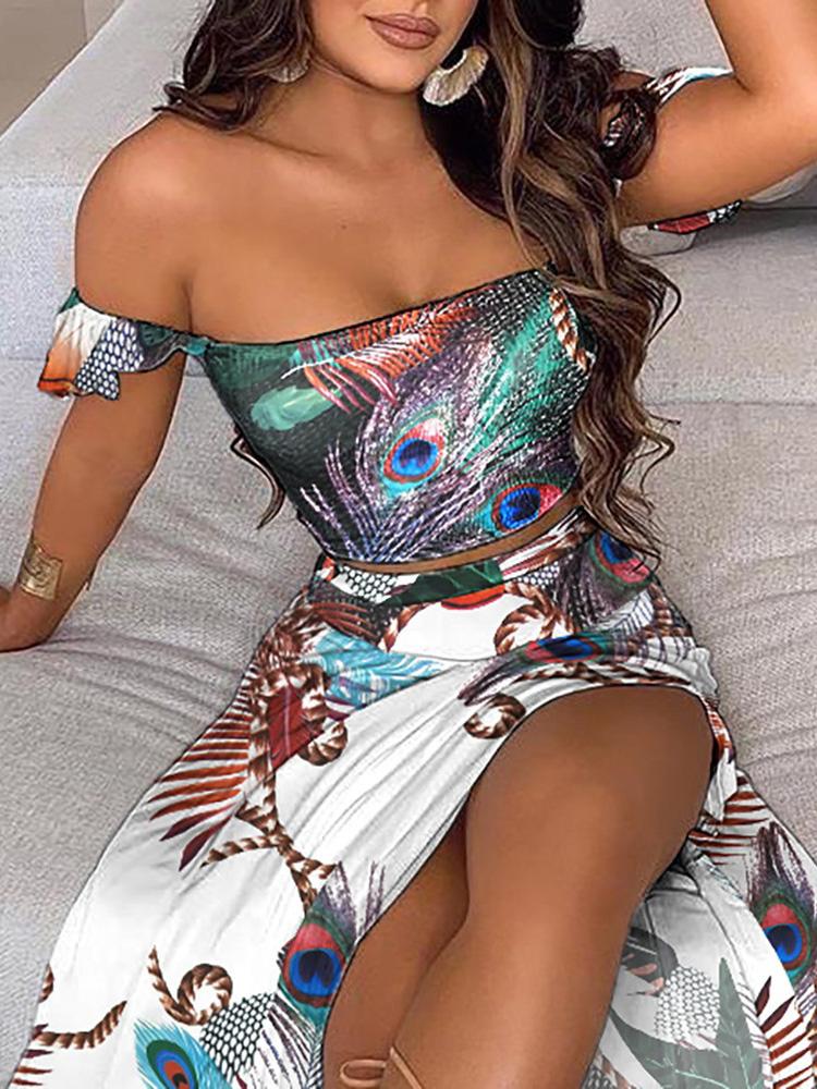 Off Shoulder Peacock Print Top & High Slit Maxi Skirt Sets - Two-piece Outfits - INS | Online Fashion Free Shipping Clothing, Dresses, Tops, Shoes - 29/04/2021 - Color_Multicolor - Maxi Dresses