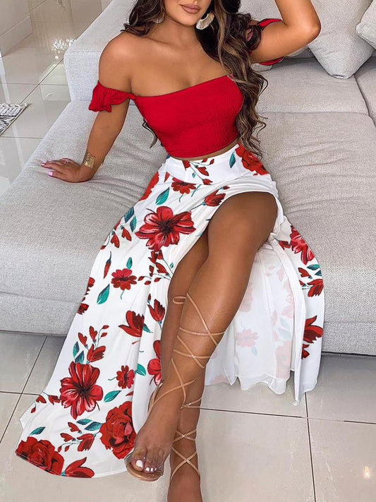 Off Shoulder Ruffles Top & Floral Print High Slit Skirt Set - Two-piece Outfits - INS | Online Fashion Free Shipping Clothing, Dresses, Tops, Shoes - 28/04/2021 - Color_Red - DRE210428087