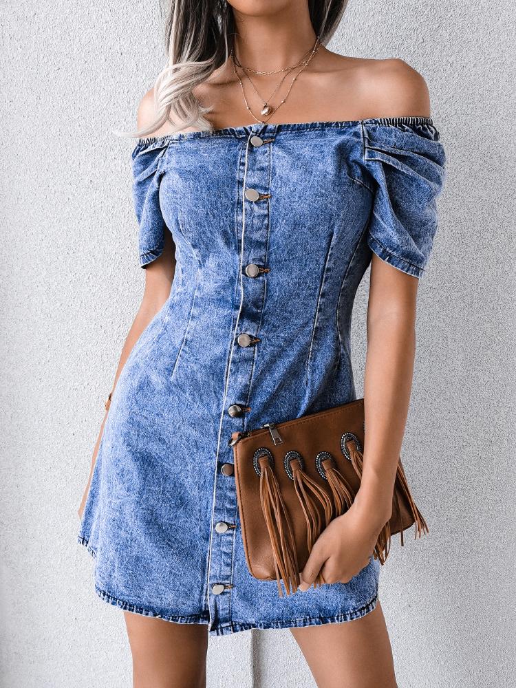 Off-shoulder Single-breasted Denim Bag Hip Dress - Mini Dresses - INS | Online Fashion Free Shipping Clothing, Dresses, Tops, Shoes - 23/07/2021 - 30-40 - color-blue
