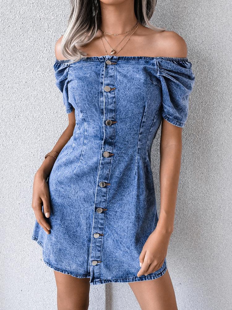 Off-shoulder Single-breasted Denim Bag Hip Dress - Mini Dresses - INS | Online Fashion Free Shipping Clothing, Dresses, Tops, Shoes - 23/07/2021 - 30-40 - color-blue