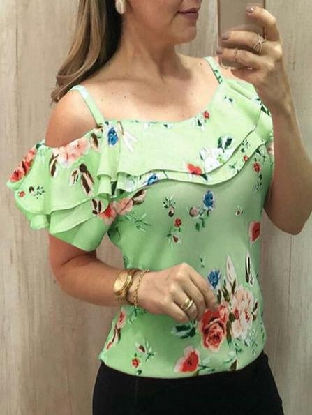 Off Shoulder Strap Print T-shirt - T-shirts - INS | Online Fashion Free Shipping Clothing, Dresses, Tops, Shoes - 07/07/2021 - 10-20 - color-blue