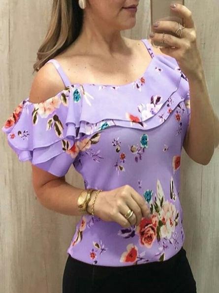 Off Shoulder Strap Print T-shirt - T-shirts - INS | Online Fashion Free Shipping Clothing, Dresses, Tops, Shoes - 07/07/2021 - 10-20 - color-blue
