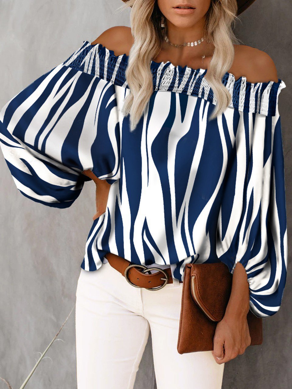 Off Shoulder Stripe Print Long Sleeve Smoking Blouse - Blouses - INS | Online Fashion Free Shipping Clothing, Dresses, Tops, Shoes - 08/07/2021 - 20-30 - BLO2107081179