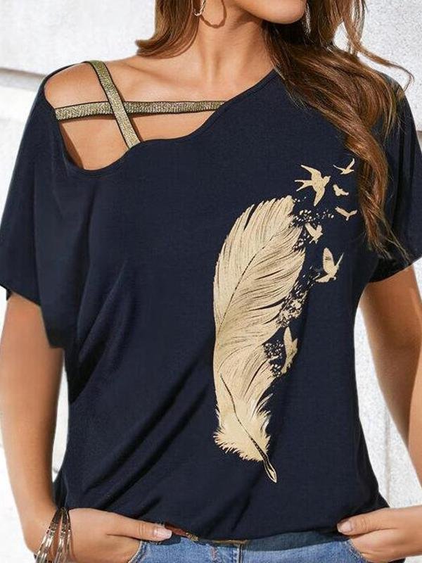 Off-shoulder Webbing Feather Print T-shirt - T-shirts - INS | Online Fashion Free Shipping Clothing, Dresses, Tops, Shoes - 02/07/2021 - 10-20 - color-black