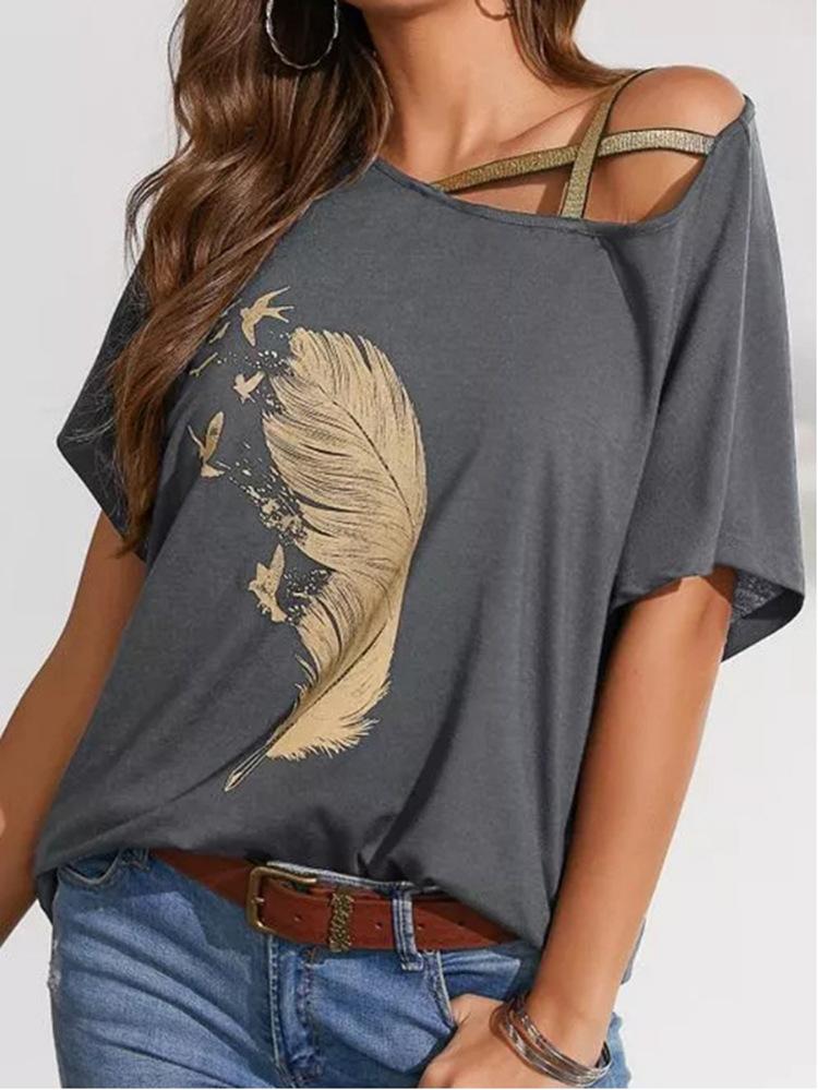 Off-shoulder Webbing Feather Print T-shirt - T-shirts - INS | Online Fashion Free Shipping Clothing, Dresses, Tops, Shoes - 02/07/2021 - 10-20 - color-black