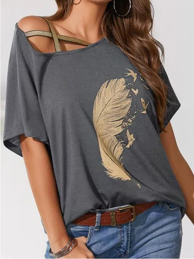 Off-shoulder Webbing Feather Print T-shirt - T-shirts - INS | Online Fashion Free Shipping Clothing, Dresses, Tops, Shoes - 02/07/2021 - 10-20 - color-black