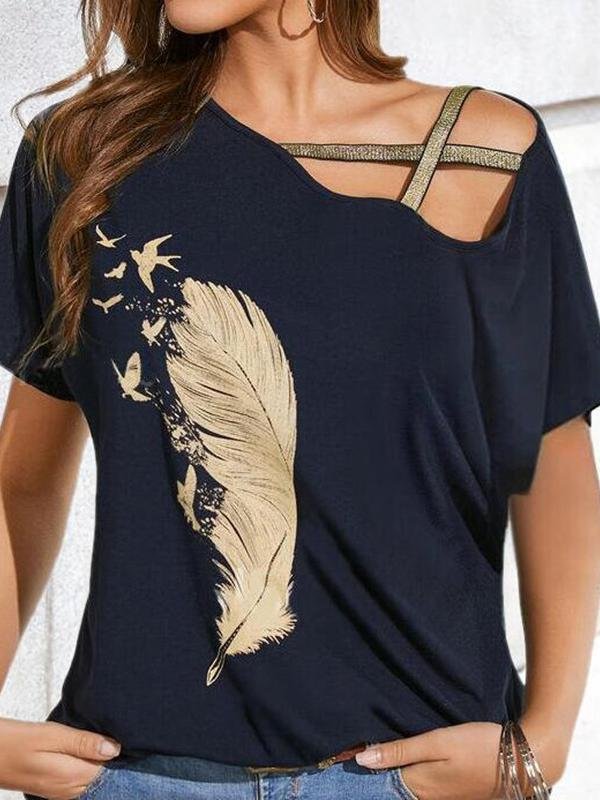 Off-shoulder Webbing Feather Print T-shirt - T-shirts - INS | Online Fashion Free Shipping Clothing, Dresses, Tops, Shoes - 02/07/2021 - 10-20 - color-black