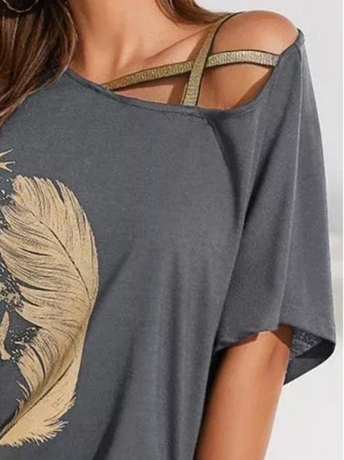 Off-shoulder Webbing Feather Print T-shirt - T-shirts - INS | Online Fashion Free Shipping Clothing, Dresses, Tops, Shoes - 02/07/2021 - 10-20 - color-black