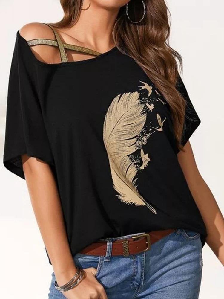 Off-shoulder Webbing Feather Print T-shirt - T-shirts - INS | Online Fashion Free Shipping Clothing, Dresses, Tops, Shoes - 02/07/2021 - 10-20 - color-black