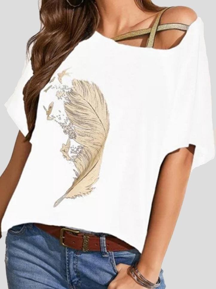 Off-shoulder Webbing Feather Print T-shirt - T-shirts - INS | Online Fashion Free Shipping Clothing, Dresses, Tops, Shoes - 02/07/2021 - 10-20 - color-black