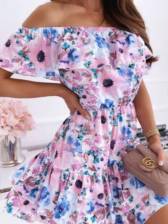 Off The Shoulder Printed Ruffle Dress - Mini Dresses - INS | Online Fashion Free Shipping Clothing, Dresses, Tops, Shoes - 11/06/2021 - Category_Mini Dresses - Color_Blue