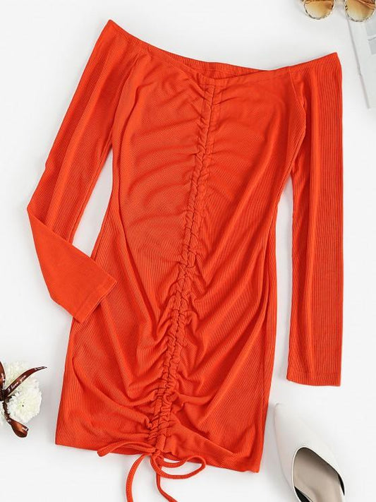 Off The Shoulder Ribbed Cinched Bodycon Dress - Dresses - INS | Online Fashion Free Shipping Clothing, Dresses, Tops, Shoes - 02/08/2021 - Autumn - Bodycon Dresses