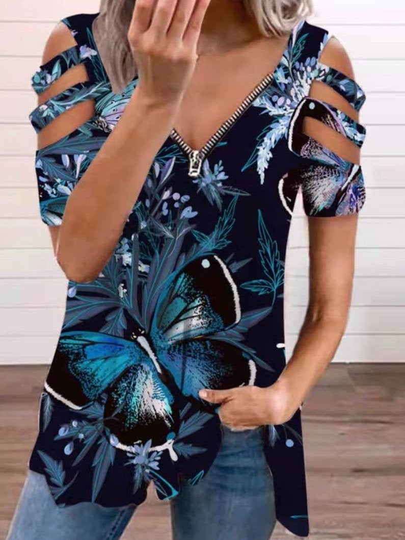 Off-the-shoulder V-neck Zip Short-sleeved Top - T-shirts - INS | Online Fashion Free Shipping Clothing, Dresses, Tops, Shoes - 09/06/2021 - Color_Black - Color_White