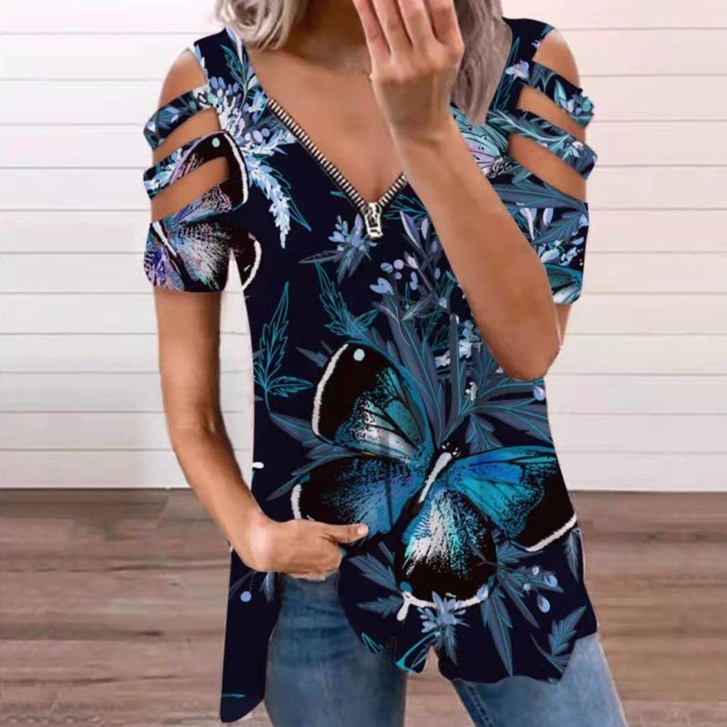 Off-the-shoulder V-neck Zip Short-sleeved Top - T-shirts - INS | Online Fashion Free Shipping Clothing, Dresses, Tops, Shoes - 09/06/2021 - Color_Black - Color_White