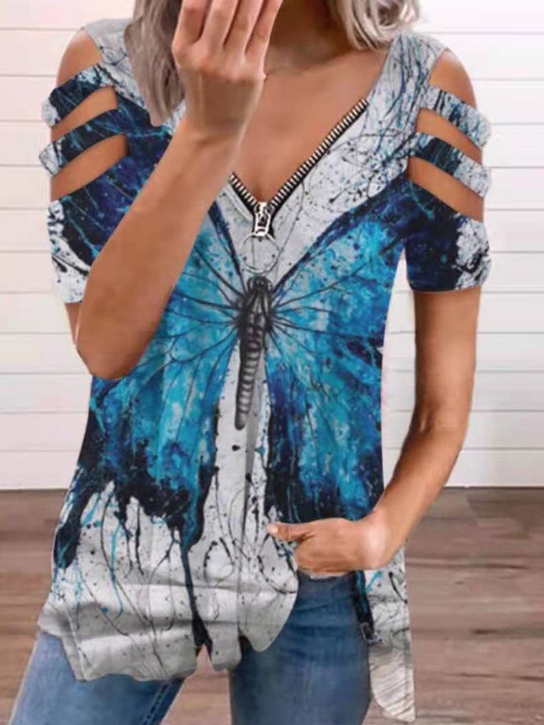 Off-the-shoulder V-neck Zip Short-sleeved Top - T-shirts - INS | Online Fashion Free Shipping Clothing, Dresses, Tops, Shoes - 09/06/2021 - Color_Black - Color_White