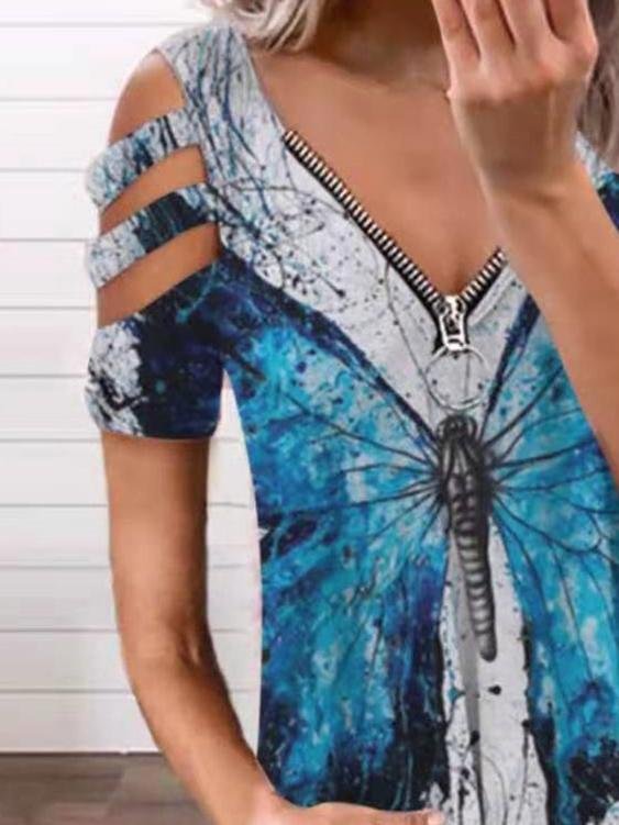 Off-the-shoulder V-neck Zip Short-sleeved Top - T-shirts - INS | Online Fashion Free Shipping Clothing, Dresses, Tops, Shoes - 09/06/2021 - Color_Black - Color_White