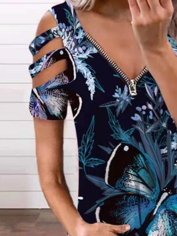 Off-the-shoulder V-neck Zip Short-sleeved Top - T-shirts - INS | Online Fashion Free Shipping Clothing, Dresses, Tops, Shoes - 09/06/2021 - Color_Black - Color_White