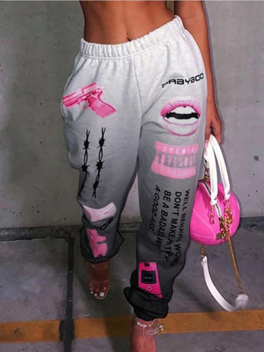 Ombre Colorblock Lip Letter Print Casual Pants - Pants - INS | Online Fashion Free Shipping Clothing, Dresses, Tops, Shoes - 04/05/2021 - Category_Pants - Color_Gray