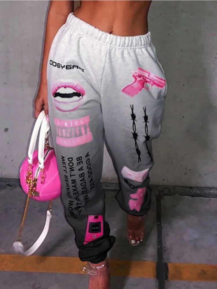 Ombre Colorblock Lip Letter Print Casual Pants - Pants - INS | Online Fashion Free Shipping Clothing, Dresses, Tops, Shoes - 04/05/2021 - Category_Pants - Color_Gray