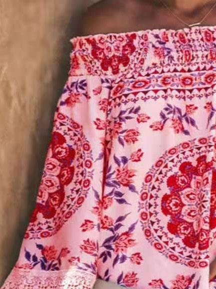 One-line Neck Floral Print Long-sleeved Top - Blouses - INS | Online Fashion Free Shipping Clothing, Dresses, Tops, Shoes - 07/06/2021 - Blouses - Color_Blue