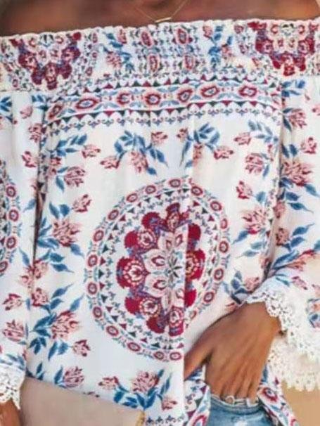 One-line Neck Floral Print Long-sleeved Top - Blouses - INS | Online Fashion Free Shipping Clothing, Dresses, Tops, Shoes - 07/06/2021 - Blouses - Color_Blue