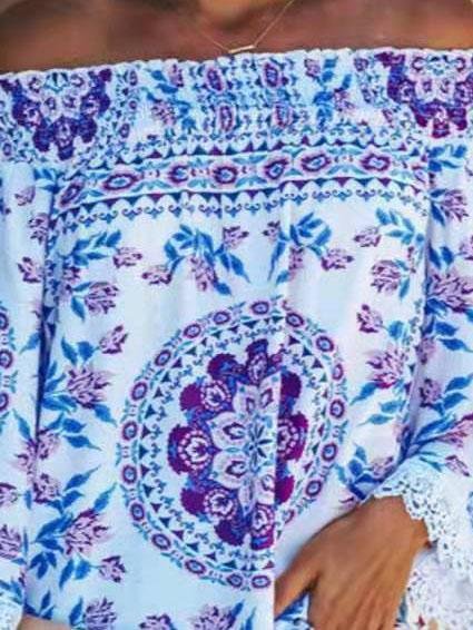 One-line Neck Floral Print Long-sleeved Top - Blouses - INS | Online Fashion Free Shipping Clothing, Dresses, Tops, Shoes - 07/06/2021 - Blouses - Color_Blue