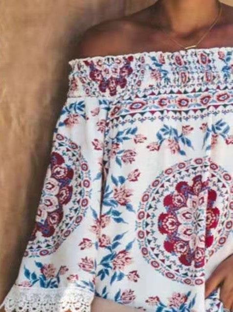 One-line Neck Floral Print Long-sleeved Top - Blouses - INS | Online Fashion Free Shipping Clothing, Dresses, Tops, Shoes - 07/06/2021 - Blouses - Color_Blue