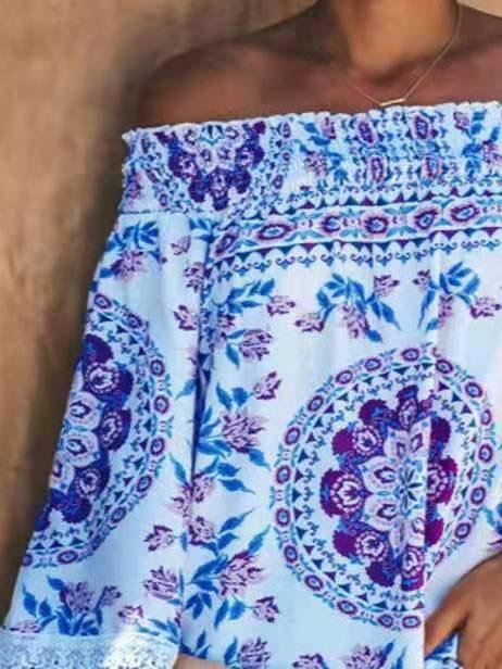 One-line Neck Floral Print Long-sleeved Top - Blouses - INS | Online Fashion Free Shipping Clothing, Dresses, Tops, Shoes - 07/06/2021 - Blouses - Color_Blue