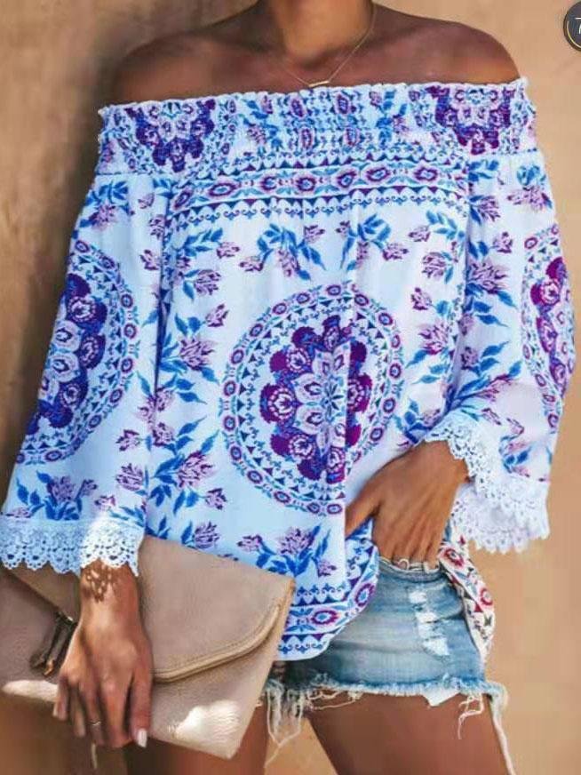 One-line Neck Floral Print Long-sleeved Top - Blouses - INS | Online Fashion Free Shipping Clothing, Dresses, Tops, Shoes - 07/06/2021 - Blouses - Color_Blue