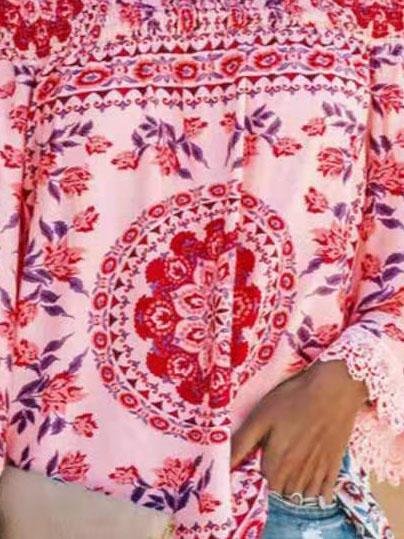 One-line Neck Floral Print Long-sleeved Top - Blouses - INS | Online Fashion Free Shipping Clothing, Dresses, Tops, Shoes - 07/06/2021 - Blouses - Color_Blue